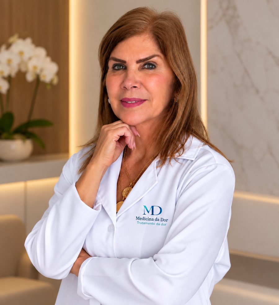 Dra. Nubia Correa no consultório, de jaleco